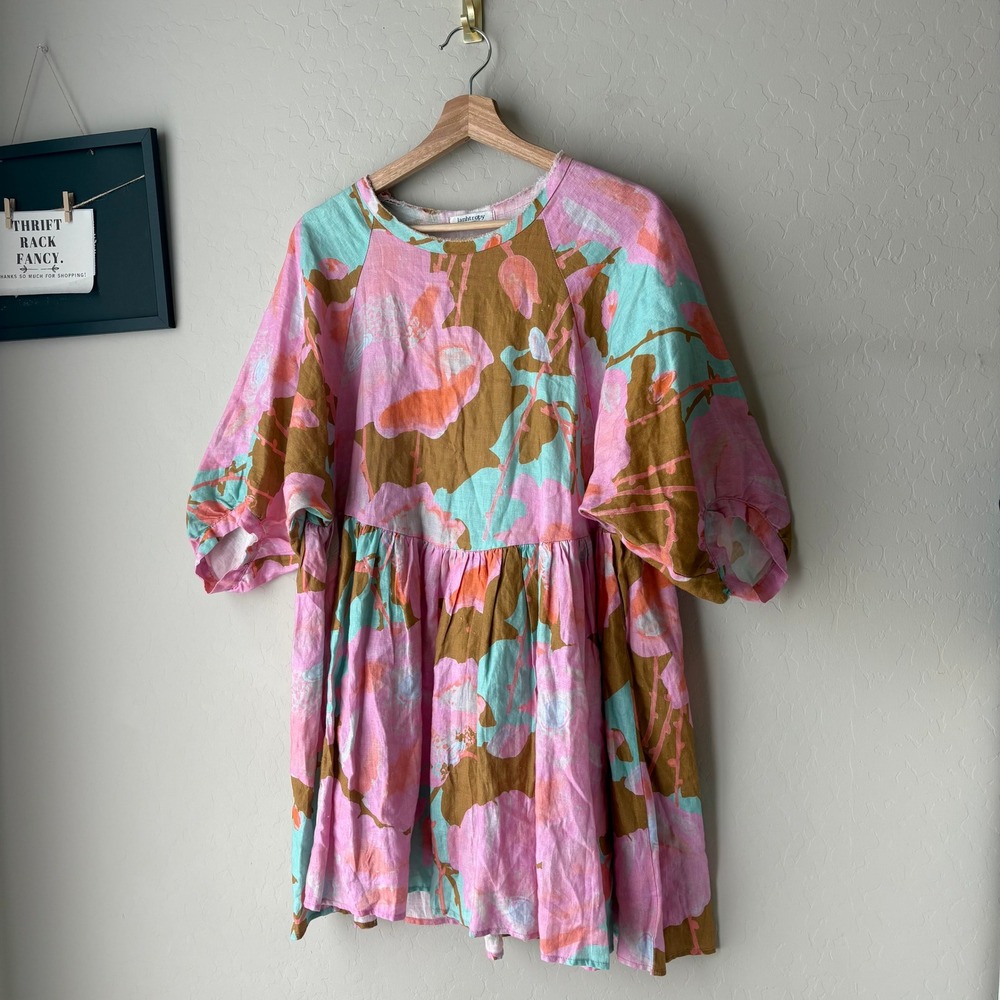 Lanhtropy Dress Linen Pink Floral Mini Dress One Size - Picture 3 of 8